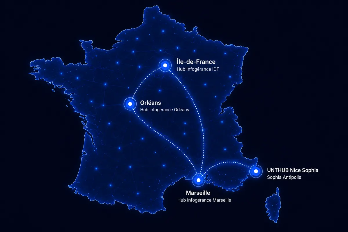 Carte du réseau UNTHUB en France avec les implantations Île-de-France, Orléans, Marseille et Nice Sophia Antipolis